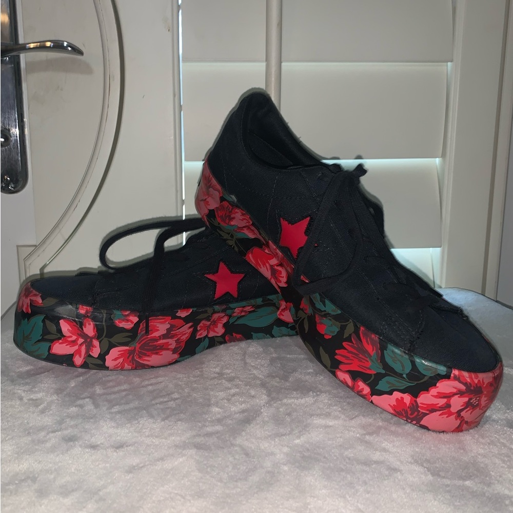 Converse OneStar Red and Black Floral Platform Shoes